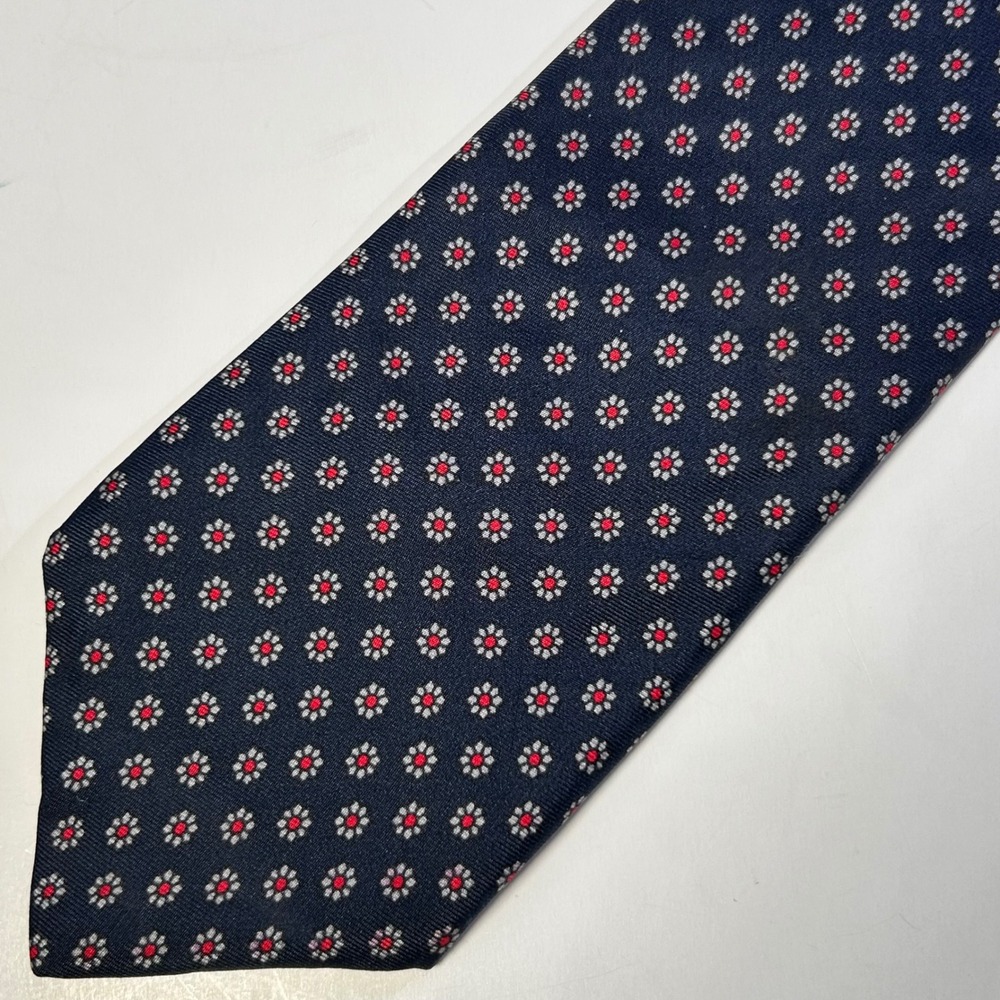 Pride of England Men Navy Blue Silk Tie Floral Medallion Dark Academia Retro Vtg